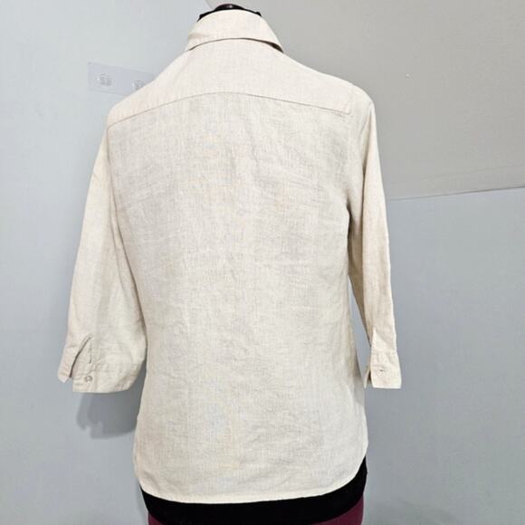 LINEN Button Front 3/4 Roll Tab Sleeves Chest Pocket Neutral Top PM - Picture 4 of 9